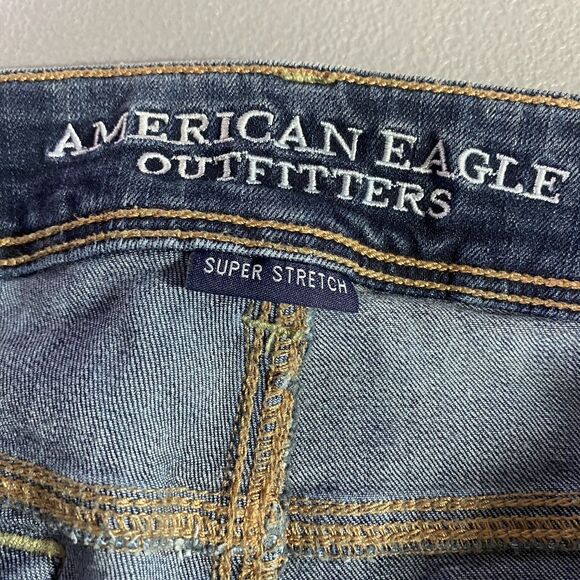 AMERICAN EAGLE Kick Boot Jeans Super Stretch Flare Low Embroidered Womens 8 Blue - Picture 5 of 11